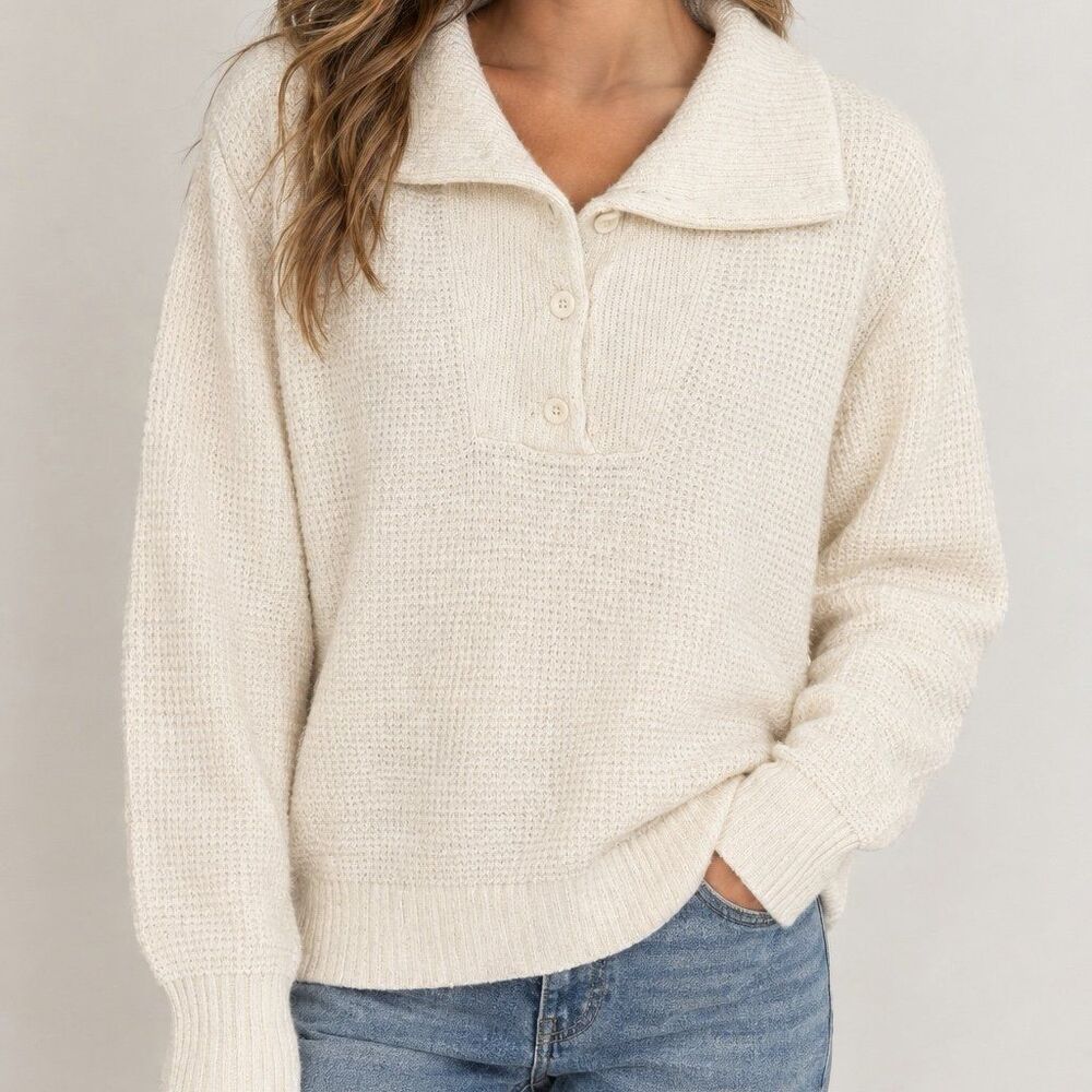 Arie Women's Collared Cream Button Neck waffle, Sz XXS